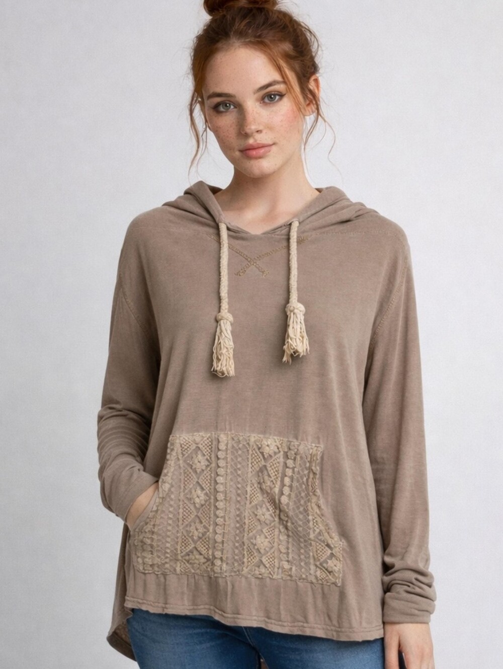 POL Boho Embroidered Oversized Hoodie Tunic Top Beige Medium